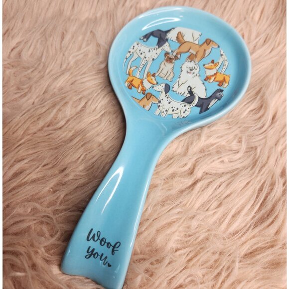 BRAND NEW! FIG & FERN "WOOF YOU" DOG THEME CERAMIC SPOON REST   COLOR: BLUE, BLA - Picture 1 of 3